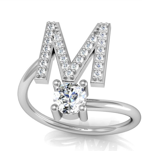 Fashion 26 Letters Silver Ring For Women Rhinestone Open Finger Rings Female Engagement Ring Jewelry Anel Party Gift - Sheseelady