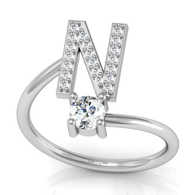Fashion 26 Letters Silver Ring For Women Rhinestone Open Finger Rings Female Engagement Ring Jewelry Anel Party Gift - Sheseelady
