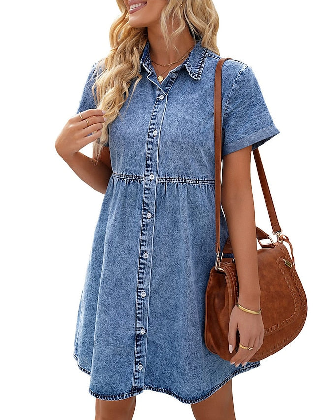 Women's Denim Shift Dress - Casual Mini Shirt Dress with Pockets, Short Sleeve