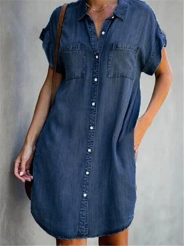 Women's Denim Shirt Dress - Casual Mini with Pockets & Button Collar for Spring/Summer