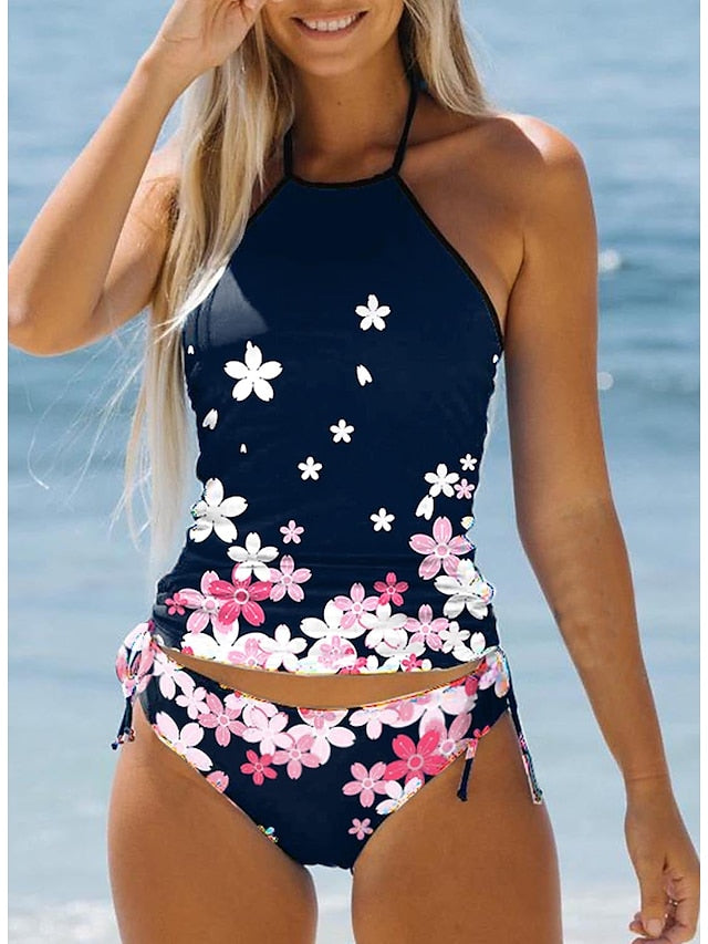 Women's Swimwear Tankini Bathing Suits 2 Piece Normal Swimsuit Halter 2 Piece Modest Swimwear Floral Print Navy Blue Padded Bathing Suits Sports Vacation Beach Wear