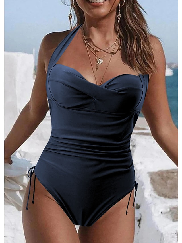 Women's Swimwear One Piece Normal Swimsuit Quick Dry Tummy Control Plain Black Navy Blue Green Bodysuit Bathing Suits Sports Beach Wear Summer