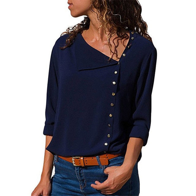 Chiffon Long Sleeve Skew Collar Solid Office Women Blouses And Tops - Sheseelady