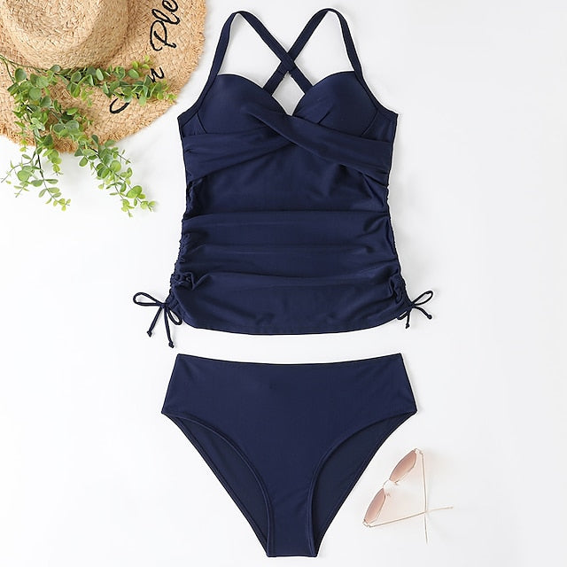 Women's Swimwear Tankini 2 Piece Normal Swimsuit 2 Piece Tummy Control Solid Color Leopard Print Black Army Green Navy Blue Blue Tank Top Bathing Suits Sports Summer
