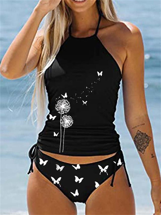 Women's Swimwear Tankini 2 Piece Plus Size Swimsuit Backless Ruched Print Butterfly Dandelion White Black Dark Gray Red Navy Blue Bathing Suits New Sporty Casual / Vacation / Modern / Letter