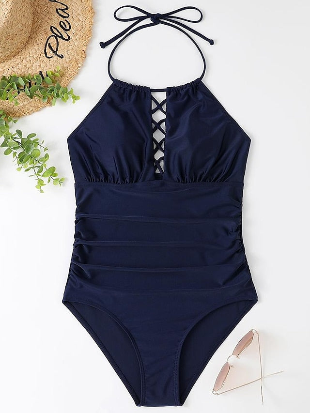 Women's Swimwear One Piece Normal Swimsuit Printing Solid Color Floral Black White Pink Navy Blue Sky Blue Bodysuit Bathing Suits Sports Summer