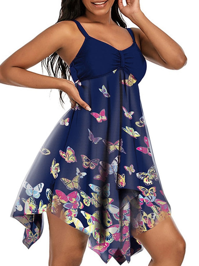 Women's Swimwear Tankini Swim Dress 2 Piece Plus Size Swimsuit Open Back Printing for Big Busts Animal Butterfly Navy Blue Camisole Strap Bathing Suits New Vacation Fashion