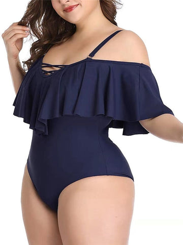 Women's Swimwear One Piece Monokini Bathing Suits Plus Size Swimsuit Tummy Control Ruffle Open Back High Waisted for Big Busts Pure Color Black Blue Yellow Wine Red Strap Bathing Suits New Vacation