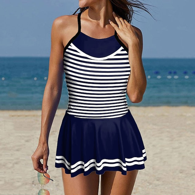 Women's Swimwear Swimdresses Normal Swimsuit 2 Piece Printing Striped Pink Navy Blue Blue Bathing Suits Sports Beach Wear Summer