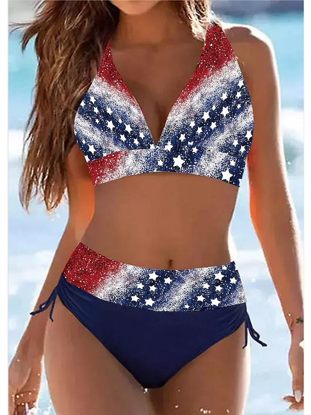 Women's Swimwear Bikini Normal Swimsuit 2 Piece Printing Striped Stars Navy Blue Rainbow Bathing Suits Sports Beach Wear Summer