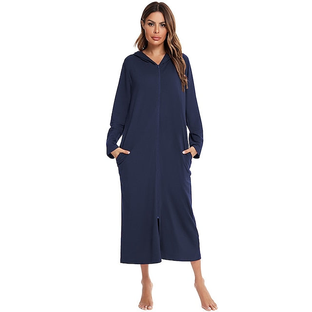 Women's Onesies Jumpsuits Nighty Simple Comfort Home Party Daily Polyester Round Neck Long Sleeve Basic Pocket Fall Winter Navy Black, Zipper