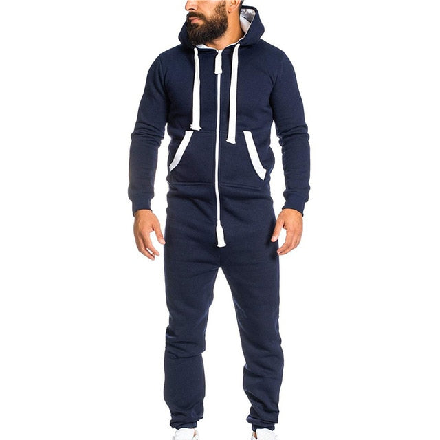 Casual Men's Long Sleeve Non Footed One-Piece Cotton Pajamas With Hood
