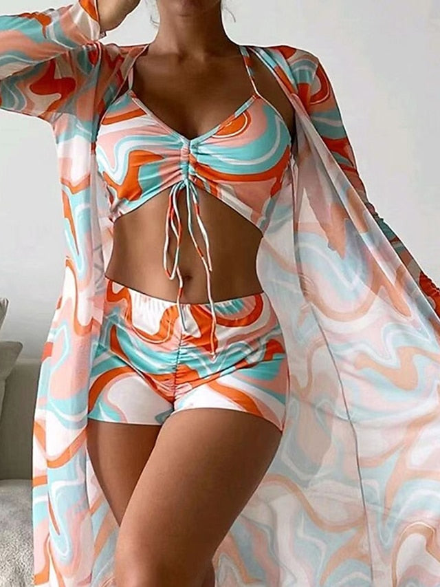 Women's Swimwear Bikini Normal Swimsuit 3-Piece Graphic Black Blue Dark Green Purple Orange Bathing Suits Sports Summer