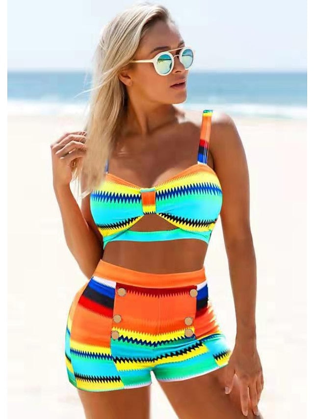 Women's Swimwear Bikini Normal Swimsuit 2 Piece Printing High Waisted Color Block Yellow Red Blue Orange Green Bathing Suits Sports Beach Wear Summer