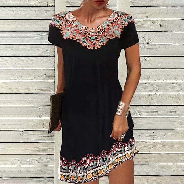 Women's Casual Dress Ethnic Dress Shift Dress Mini Dress Black White Light Green Short Sleeve Floral Print Spring Summer Crew Neck Basic Daily Vacation Loose Fit