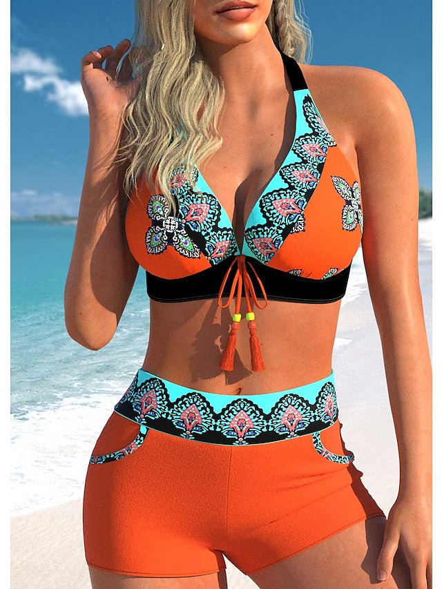 Women's Swimwear Bikini Normal Swimsuit 2 Piece Printing Graphic Blue Orange Bathing Suits Sports Beach Wear Summer