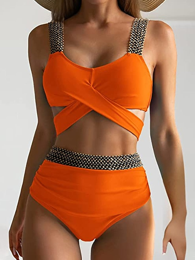 Women's Swimwear Bikini Normal Swimsuit 2 Piece Cut Out High Waisted Plain Black Pink Red Orange Rose Red Bathing Suits Sports Beach Wear Summer