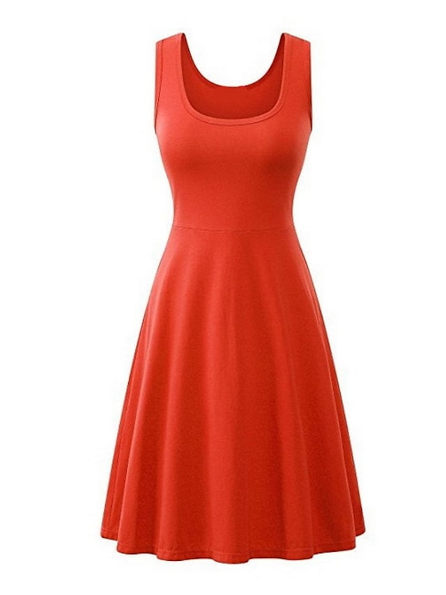 Fashion Sleeveless Pure Color Square Neck Weekend Casual Swing Dress For Womens