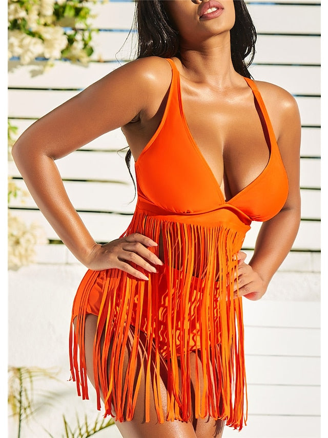 Women's Swimwear Tankini 2 Piece Normal Swimsuit Tassel Open Back Pure Color Blue Fuchsia Orange Black Tunic V Wire Bathing Suits New Vacation Fashion / Modern / Padded Bras