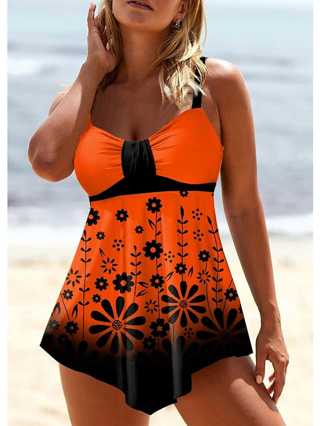 Women's Swimwear Swimdresses Plus Size Swimsuit 2 Piece Printing Floral Yellow Blue Orange Rose Red Bathing Suits Sports Beach Wear Summer