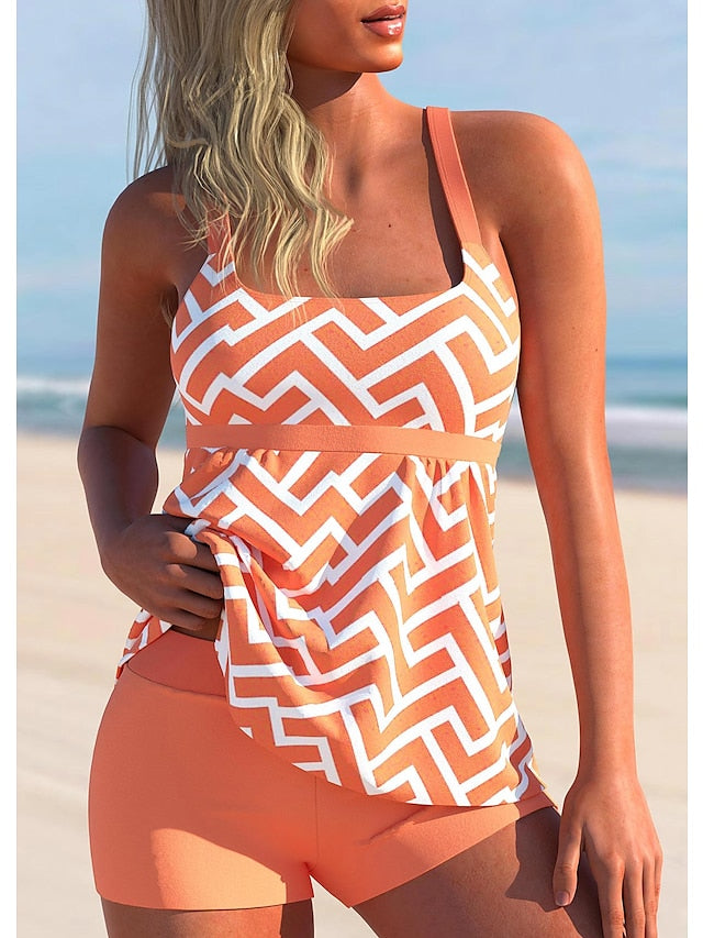 Women's Swimwear Tankini 2 Piece Normal Swimsuit 2 Piece Printing Lines / Waves Blue Orange Tank Top Bathing Suits Sports Beach Wear Summer