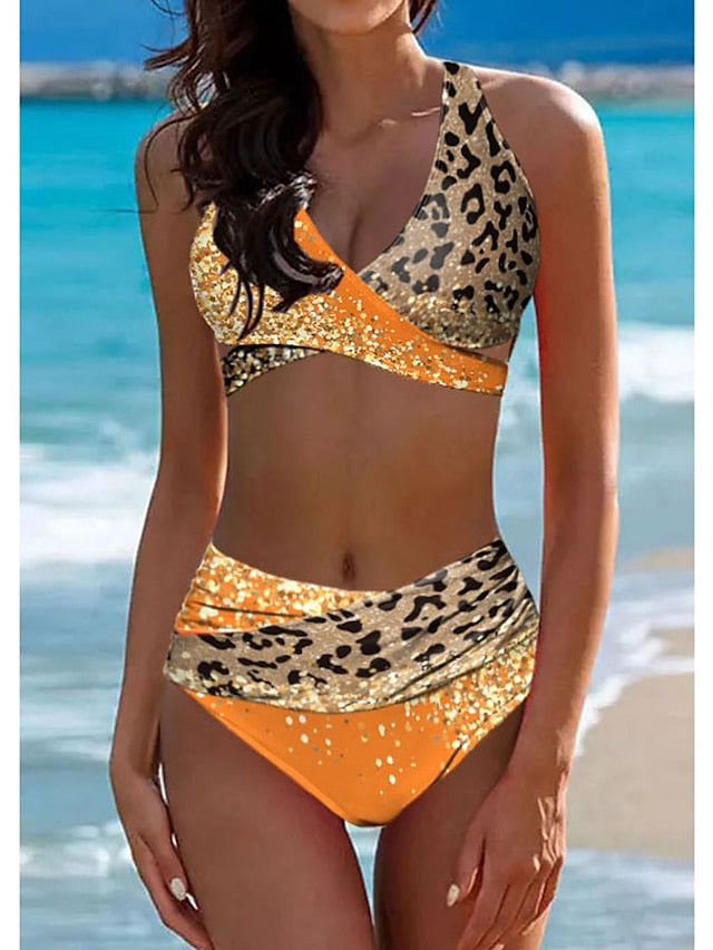 Women's Swimwear Bikini Normal Swimsuit Halter 2 Piece Printing Leopard Red Orange Green Bathing Suits Sports Holiday Summer