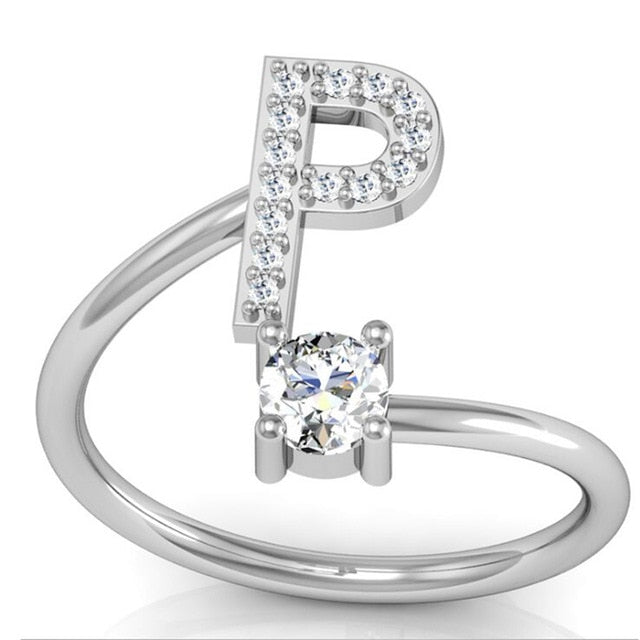 Fashion 26 Letters Silver Ring For Women Rhinestone Open Finger Rings Female Engagement Ring Jewelry Anel Party Gift - Sheseelady