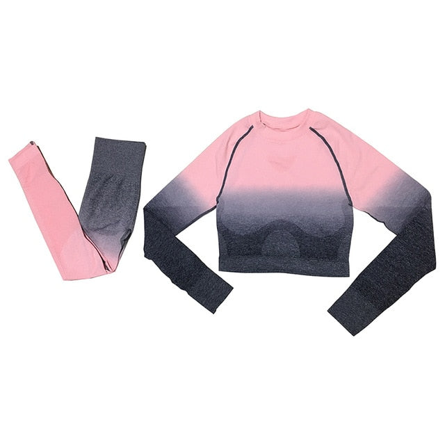 Fashion Fitness Leggings Ombre Seamless Crop Tops For Women Two Piece Set Sportswear Sweatshirt Tracksuit Women Sets - Sheseelady