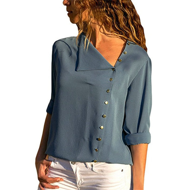 Chiffon Long Sleeve Skew Collar Solid Office Women Blouses And Tops - Sheseelady