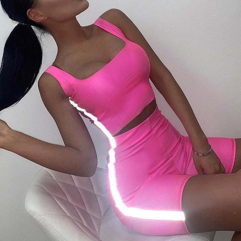 Casual Women's Square Collar Stretchy Activewear With Neon Reflective Strip