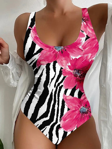 Women's Swimwear One Piece Normal Swimsuit Printing Floral Zebra Pink Blue Orange Bodysuit Bathing Suits Sports Beach Wear Summer
