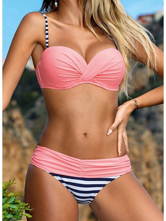 Women's Swimwear Bikini Normal Swimsuit 2 Piece Printing Striped Pink Bathing Suits Sports Beach Wear Summer