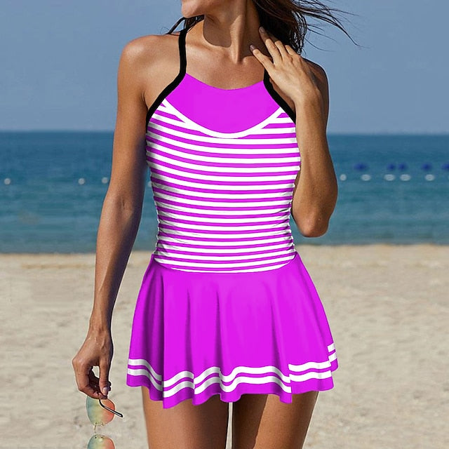 Women's Swimwear Swimdresses Normal Swimsuit 2 Piece Printing Striped Pink Navy Blue Blue Bathing Suits Sports Beach Wear Summer