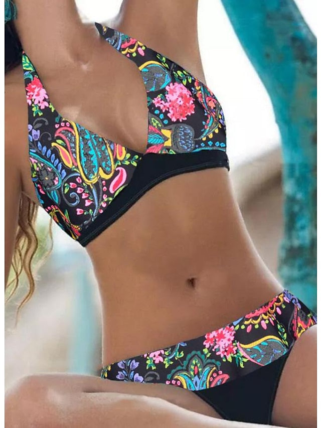 Women's Swimwear Bikini Normal Swimsuit 2 Piece Printing Floral Geometic Black Pink Blue Sky Blue Bathing Suits Sports Beach Wear Summer