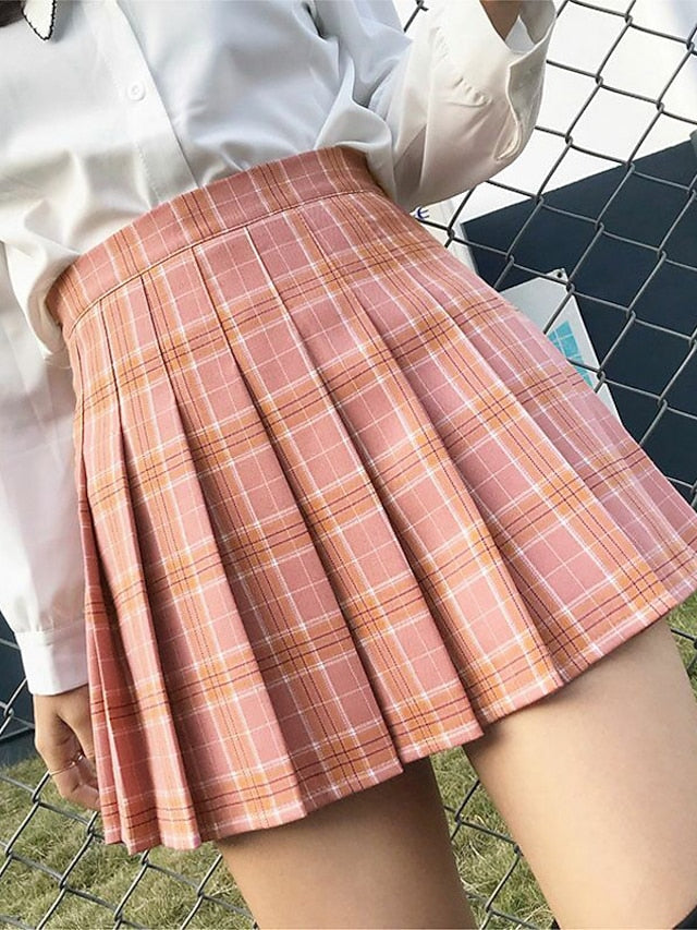 Women's Skirt A Line Plaid Skirt Mini Nylon Black White Yellow Pink Skirts Spring & Summer Pleated Lined Gothic Party Preppy  School Festival