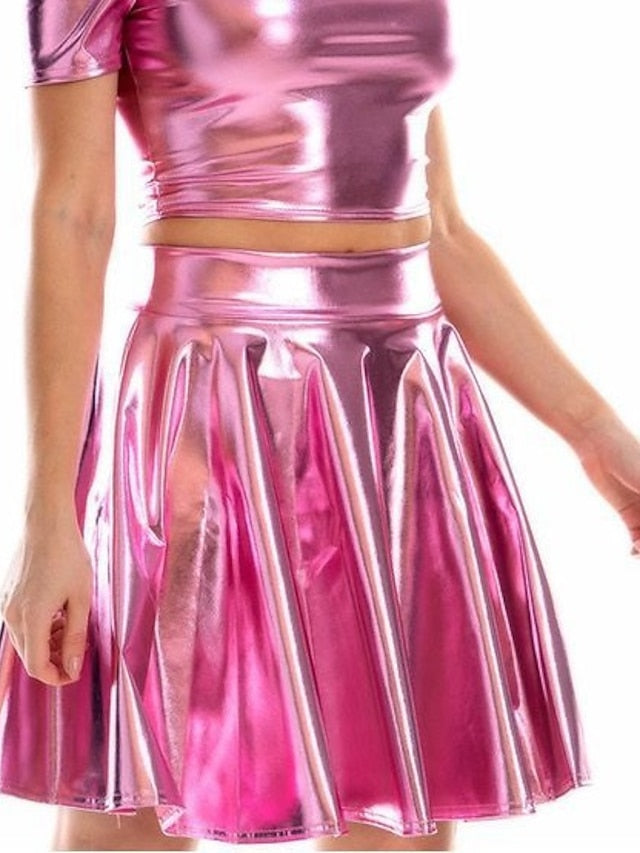 Women's Skirt Swing PU Artificial Leather Silver Pink Laser blue Black Skirts Summer Shiny Metallic Without Lining Chic & Modern Punk & Gothic Carnival Costumes Ladies Halloween Party , Evening
