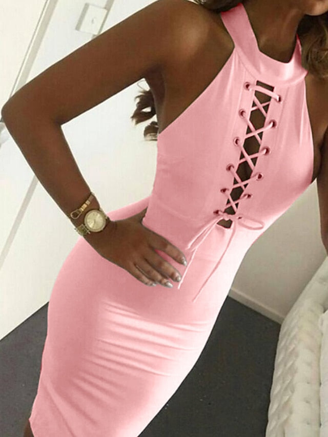 Women's Party Dress Bodycon Semi Formal Dress Midi Dress Pink Gray Sleeveless Pure Color Lace up Summer Spring Halter Fashion Summer Dress