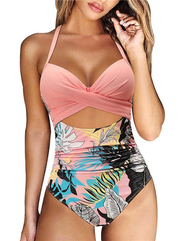 Women's Swimwear One Piece Normal Swimsuit Open Back Printing High Waisted Leopard Floral White Pink Blue Brown V Wire Bathing Suits New Vacation Fashion