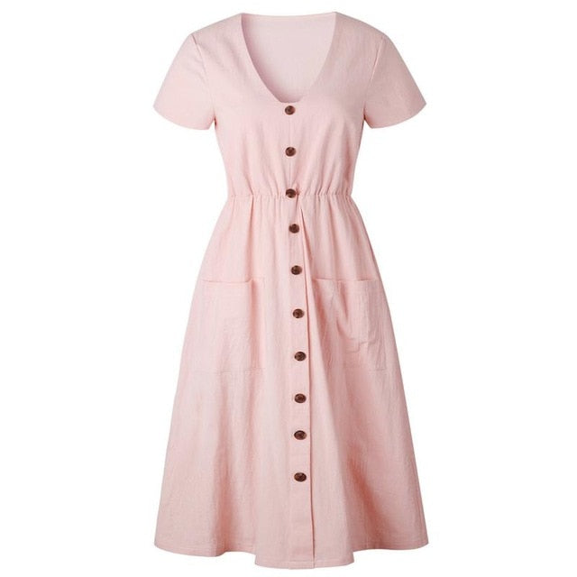 Pocket Cotton Short Sleeve Pink Midi Dresses