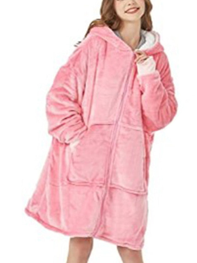 Women's Oversized Plush Fleece Hoodie Nightgown - Warm Winter Pajamas with Pocket, Long Sleeve for Home & Bed