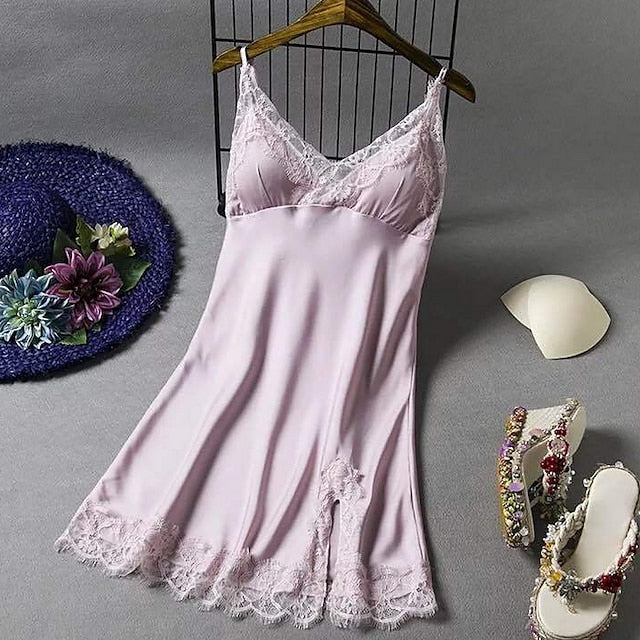 Women‘s Gift Pajamas Nightgown Home Party Daily Lace Pure Color Polyester Satin Simple Casual Soft Spring Summer V Neck Sleeveless