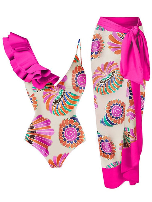 Women's Tankini Monokini Bathing Suit 2-Piece Ruffle Floral Print Padded Strap Pink Blue Retro