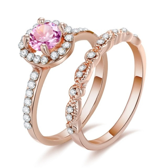 2Pcs/Lot Silver Double Rings Set Engagement Woman Cubic Zirconia Ring For Women Ladies Lover Party Wedding Jewelry - Sheseelady