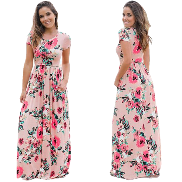 Plus Size Short Sleeve Summer Floral Print Long Maxi Dress