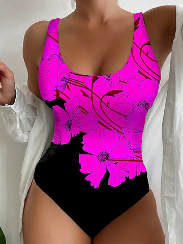 Women's Swimwear One Piece Normal Swimsuit Printing Floral Pink Red Blue Bodysuit Bathing Suits Sports Beach Wear Summer