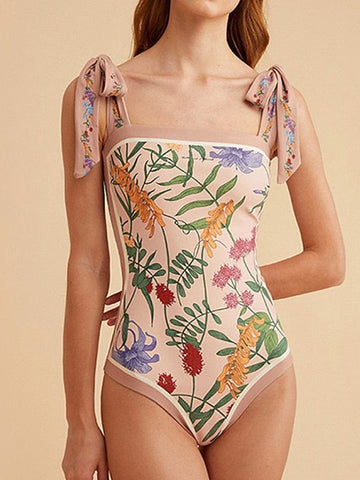 Women's Swimwear One Piece Monokini Bathing Suits Normal Swimsuit Water Sports Tummy Control Open Back Print Flower Printing Green Blue Rosy Pink Bathing Suits New Vacation Vintage / Casual / Cute