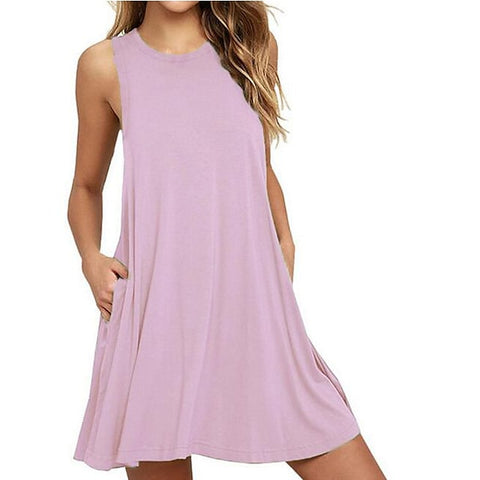 Women's Sleeveless Pure Color Pocket Crew Neck Vacation Weekend Casual Dress
