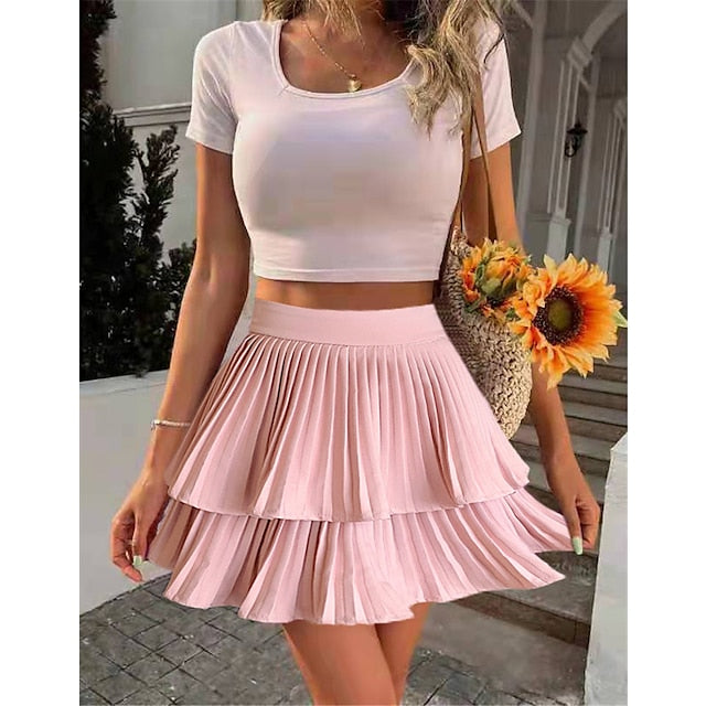 Women's A Line Tutu Above Knee Polyester Black White Pink Skirts Spring & Summer Ruched Patchwork Layered Lined Fashion Vacation Casual Daily