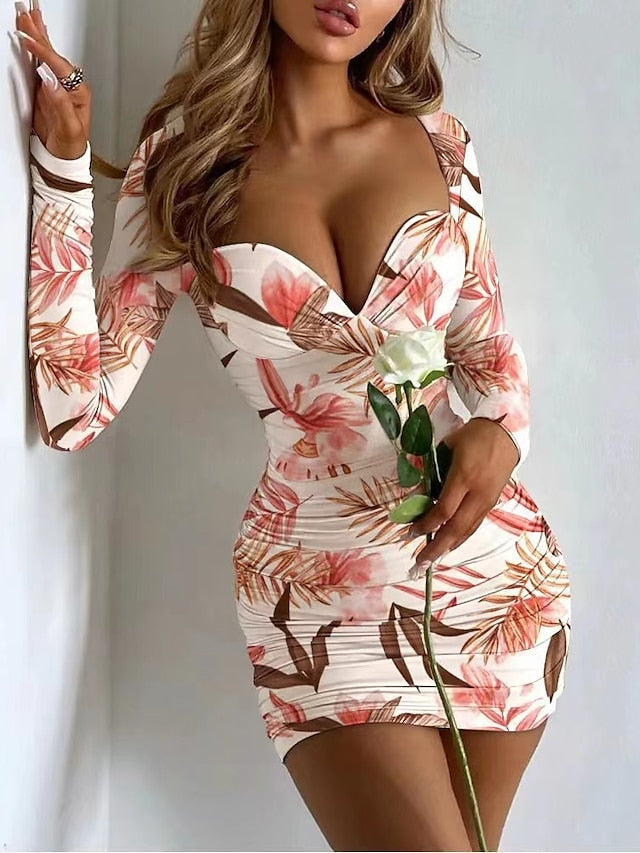 Women's Holiday Dress Bodycon Black gray Pink Light Brown Khaki Red Brown White Black Long Sleeve Floral Pure Color Ruched Fall Spring Boat Neck Stylish Hot Sexy Party Fall Dress  S M L XL XXL
