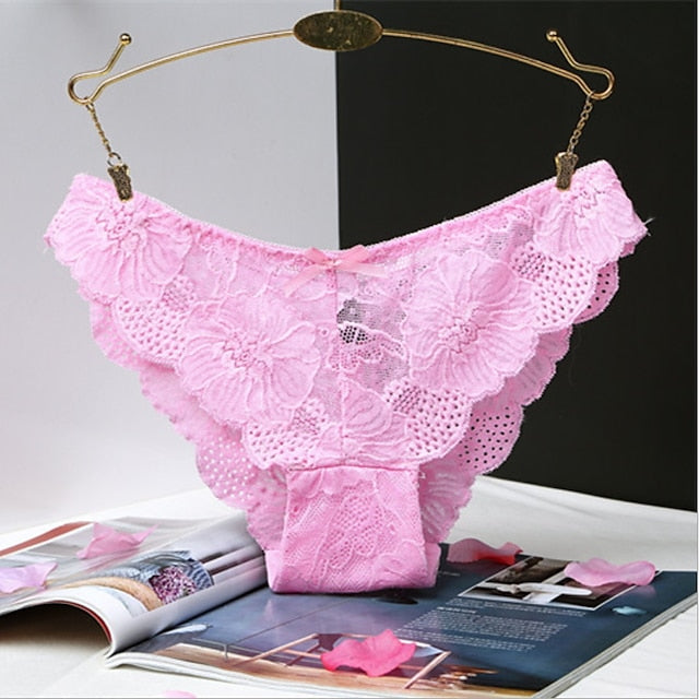 [3 Packs] Women Sexy Thong Panties Full Lace Cute Bowknot Low Waisted Seamless Bikini Briefs Comfy Underwear